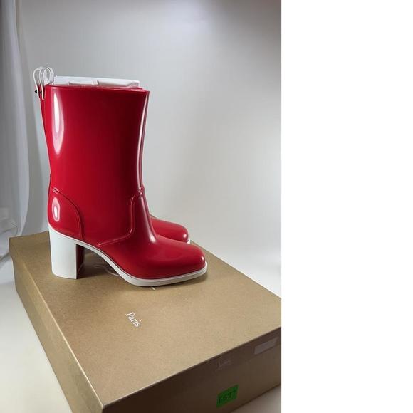 70mm Loubirain Loubi Red Rain Boots Rubber Heeled Bootie E597 - Picture 2 of 11